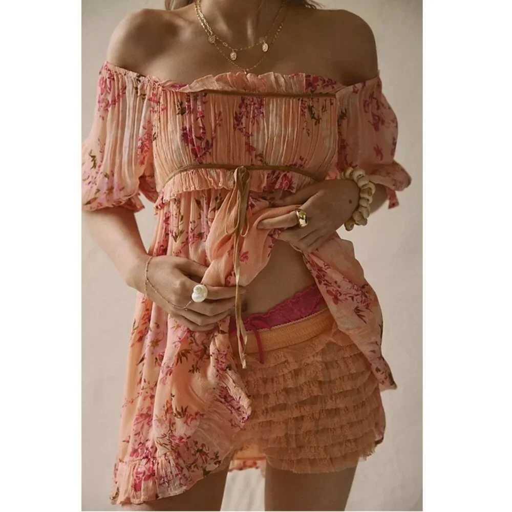 NEW Free People Marney Mini Dress Peach Combo Babydoll Puff Short Sleeve